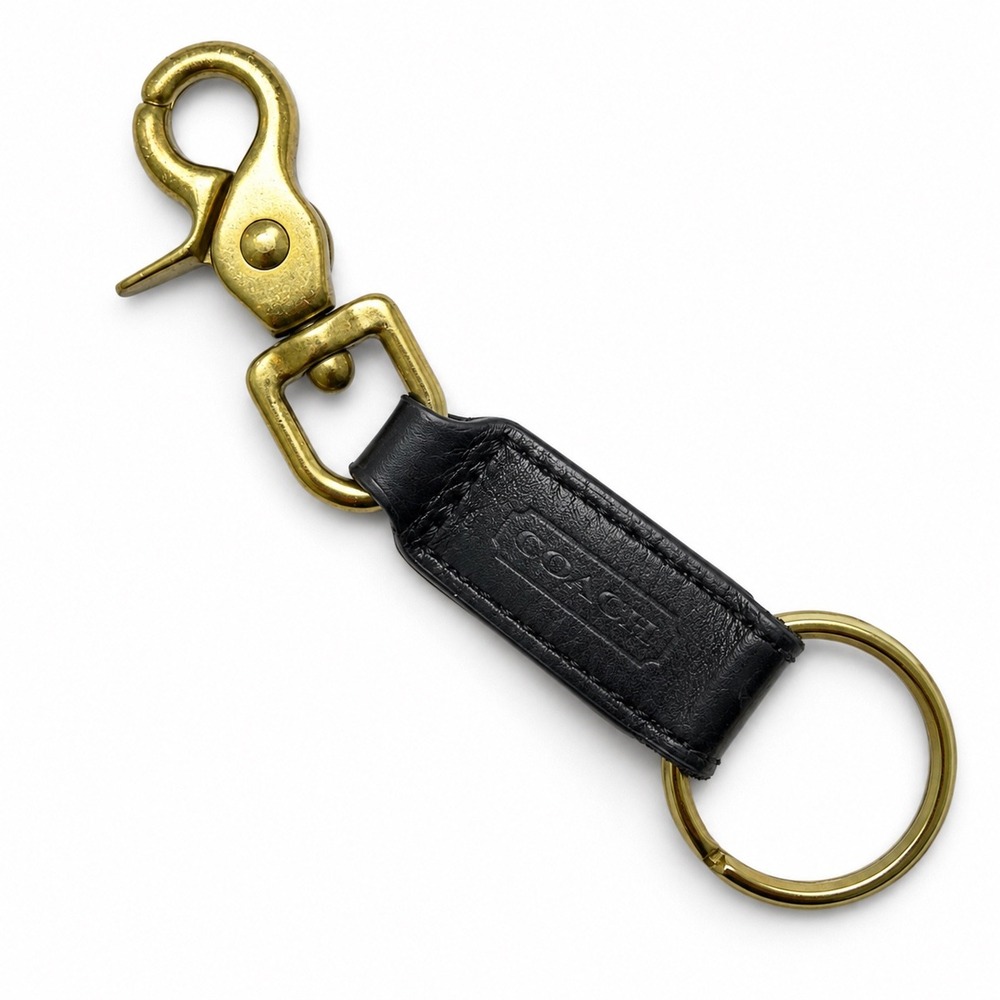 Coach Black Leather Brass Trigger Snap Hook Keychain Key Fob Ring Vintage Style